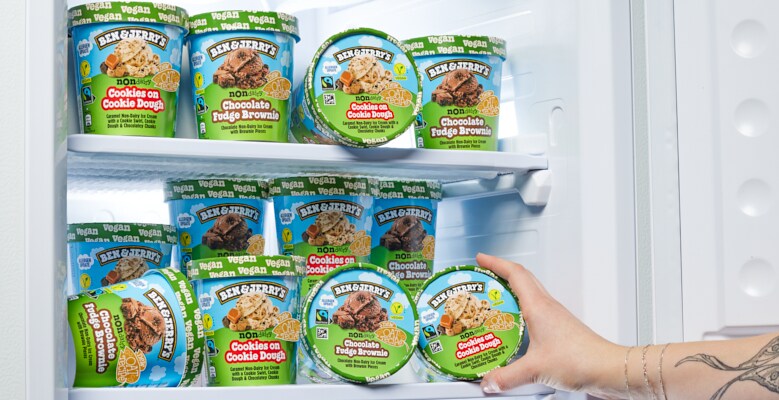 A freezer full of pints of Ben & Jerry's Ice Cream