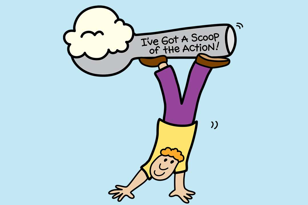 Man doing handstand holding a scoop of ice cream with his legs