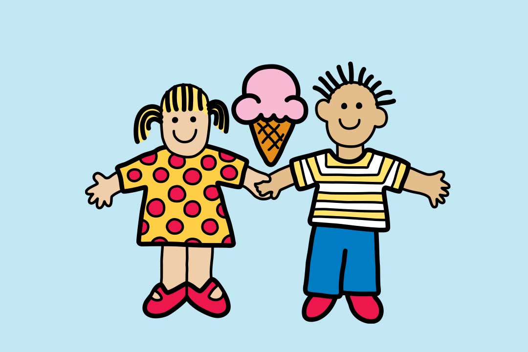 2 kids holding hands with a ice cream cone